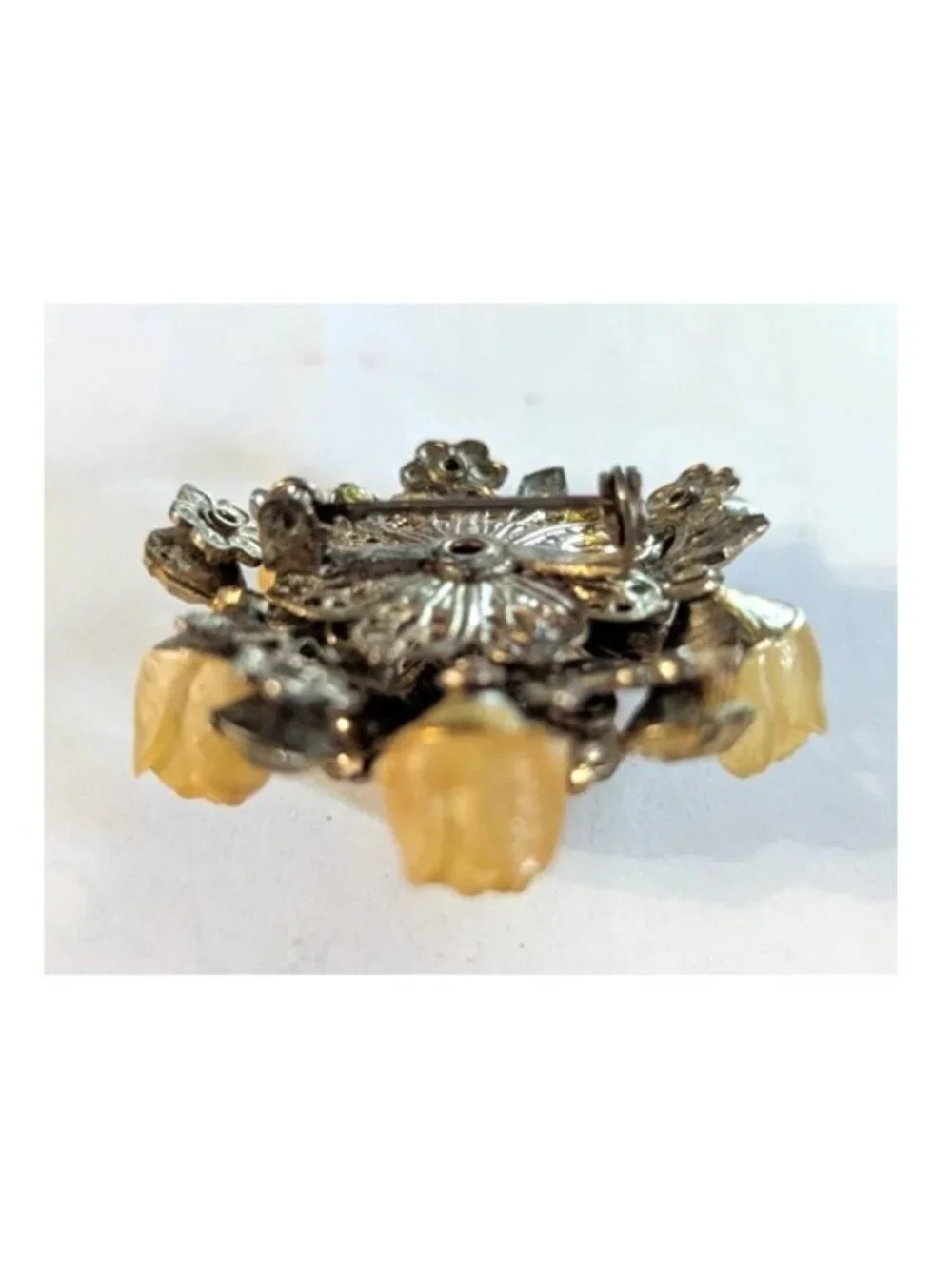 Vintage Floral Cluster Brooch Pale Yellow Rose Buds & Round Rhinestones Riveted